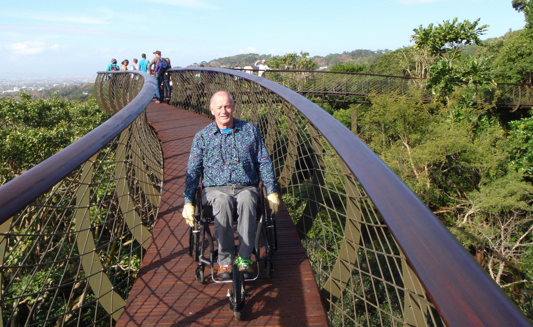 Photograph of Jeremy Hazell on the Boomslang tree canopy walkway at Kirstenbosch